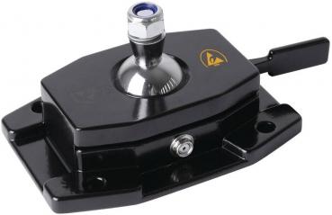 The image shows a gray metal bracket with a round ball in the center. On the left is a small lever used for fastening or adjustment.