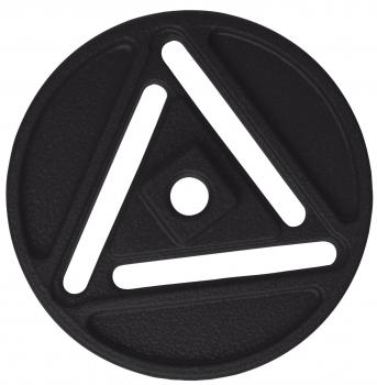 The image shows a round, black plate with a pattern in the shape of an equilateral triangle and a small, round indentation in the middle. There are three white lines that form the pattern.