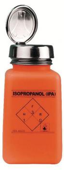 The image shows an orange bottle with a silver cap. The bottle is labeled "Isopropanol (IPA)" and features several hazard symbols.