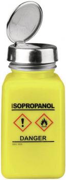 The image shows a yellow glass container with a metal closure. It reads "ISOPROPANOL" with warning symbols for danger and fire in black.