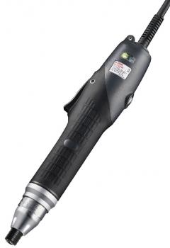 The image shows a black electric hand tool with a round, metallic shiny head. It has a handle and a cord. There are several buttons and a small light on the body.