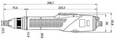 The image displays a technical drawing of a tool, likely a pen or screwdriver. It includes measurements such as lengths and widths, and shows an ergonomic shape.