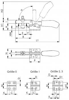 The image displays technical drawings of a lever mechanism. At the top, dimensions such as H1, H2, B, and L1 are shown, while at the bottom various sizes (0, 1, 2, 3) with specific measurements are depicted.
