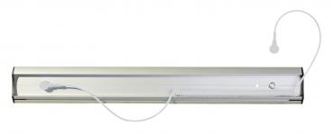 The image shows an elongated, narrow light fixture with a transparent casing. At one end, there is a power cord protruding and a switch. The light fixture has a modern design.