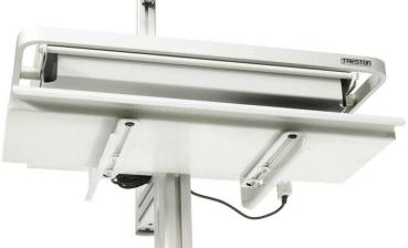 The image shows a white storage solution with a roller on top for dispensing foil and a shelf below. The structure is designed in a minimalist and functional style.