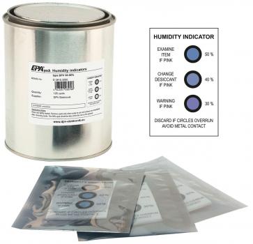 Das Bild zeigt eine silberne Dose mit dem Label ?EPX-Humidity Indicator? und mehreren durchsichtigen Beuteln. Neben der Dose befindet sich eine Übersicht über den Feuchtigkeitsanzeiger mit farbigen Kreisen.