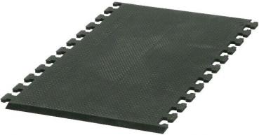 The image shows a rectangular, dark green puzzle piece made of flexible material. The edges are serrated to connect multiple pieces. The surface has a textured, non-slip texture.