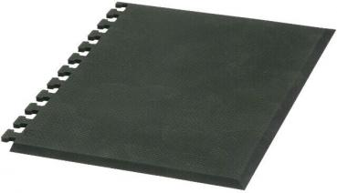 The image shows a green, square notebook with a textured surface. It has a ring binder on the side, which allows for easy removal or addition of pages.