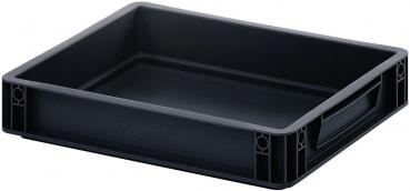 The image shows a flat, black plastic tray. It has straight sides, a smooth interior surface, and a handle on each of the shorter sides. Ideal for storage and transport.