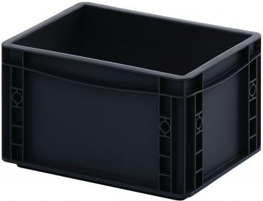 The image shows a rectangular, black plastic box with sturdy walls and an open top. It is versatile, lightweight, and practical for storage.