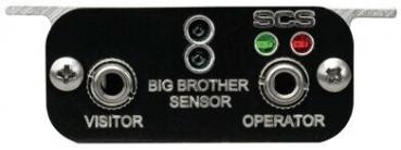 The image shows a black control unit labeled "BIG BROTHER SENSOR". It has two round connectors for "VISITOR" and "OPERATOR" as well as three lights: one green and one red.