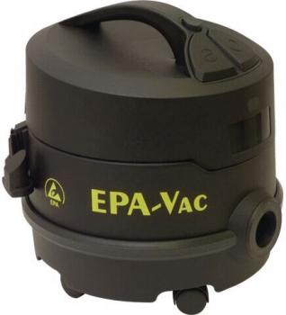 The image shows a compact, black vacuum cleaner with a round shape and a handle. On the front, the "EPA-Vac" logo is visible in bright yellow. It has wheels for mobility.