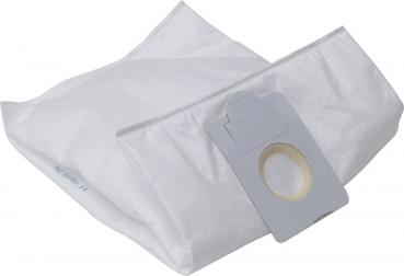 The picture shows a white, square bag with a flat, gray flap on the side. The flap has a round hole in the center. The bag appears soft and flexible.