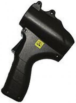 The image shows a black, handheld device with a rounded head and a handle. There is a yellow symbol on the side. It resembles a tool or a measuring device.
