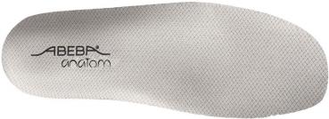 The image shows a gray shoe sole with a fine texture. On the sole, the word "ABEBA" is written next to the word "cinalom". The sole is rather flat and has a simple shape.