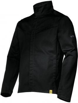 The image shows a black jacket with a stand-up collar and long sleeves. It features a simple, modern shape and a small side pocket. The fabric appears durable and high-quality.