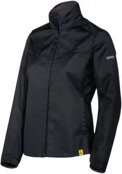 Das Bild zeigt eine schwarze Jacke mit hohem Kragen und langen Ärmeln. Sie hat eine sportliche, schlichte Form und ein kleines Logo auf dem linken Arm. Der Stoff wirkt robust und wetterbeständig.