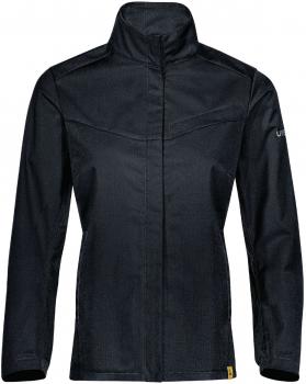 Die dünne, schwarze Jacke hat einen hohen Kragen und ist schmal geschnitten. Es gibt eine leicht strukturierte Oberfläche mit einem schlichten, sportlichen Design und keiner sichtbaren Kapuze.