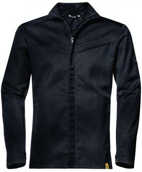 Das Bild zeigt eine schwarze Jacke mit langem Arm. Sie hat einen schmalen Stehkragen und einen durchgehenden Reißverschluss. An den Schultern sind leichte Nähte sichtbar.