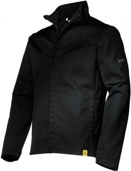 Das Bild zeigt eine schwarze Jacke mit hohem Kragen und Reißverschluss. Sie hat einen schlichten Schnitt, lange Ärmel und eine kleine Tasche auf der Brust. Ein gelbes Logo ist am Saum.