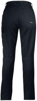 Das Bild zeigt eine schwarze Hose von hinten. Sie hat eine gerade Passform und einen einfachen, klassischen Schnitt. Auf der rechten Seite ist eine kleine Tasche angebracht.