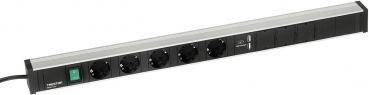 The image shows a narrow metal power strip with six outlets and a green switch. It is elongated and has a flat design, ideal for use on desks or walls.
