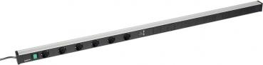 The image shows a black power strip with multiple sockets and a green on/off switch. It has a sleek, elongated design and a cable connection on one side.
