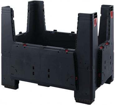 The image shows a black, rectangular plastic container with four tall side walls. The walls are sturdy and marked red at the corners. The container has an open top.