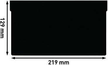 Das Bild zeigt ein schwarzes, rechteckiges Objekt. Es hat eine Breite von 219 mm und eine Höhe von 129 mm. Oben hat es eine Einkerbung. Die Oberfläche ist glatt.