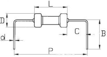Das Bild zeigt eine technische Zeichnung eines Bauteils mit einer zylindrischen Mitte, umgeben von zwei abgehenden Drähten. Es sind Maße für verschiedene Teile angegeben: L, C, B, D, d und P.