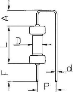 The image shows a technical drawing of a component, likely a resistor. Various dimensions are labeled: A, D, F, L, P, and d. The component has two bendable wires at the ends.