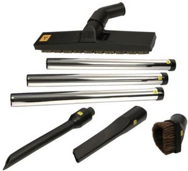 The image displays various vacuum cleaner attachments: a large nozzle with bristles, three metallic tubes, a narrow nozzle, and a brush. All parts are in black and silver.