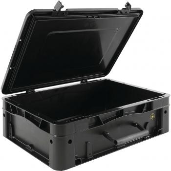 The image shows a black, sturdy storage box with a hinged lid. The box has side handles for easier transportation and is designed to be stable.