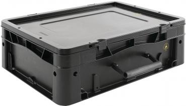 The box is rectangular, flat, and made of black plastic. It has a sturdy lid, side handles, and is suitable for safely storing or transporting items.