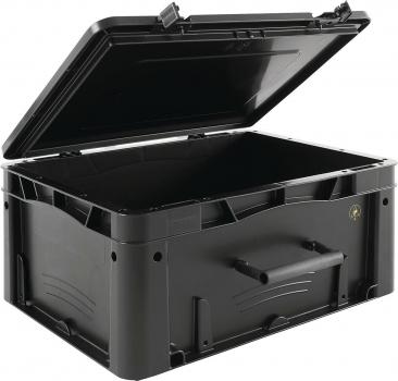 The image shows a black, rectangular plastic box with a removable lid. It has side handles and a sturdy construction, suitable for storing items.