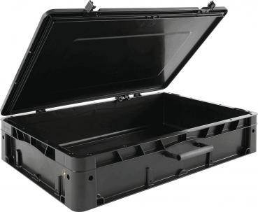The image shows a black, open suitcase with a sturdy, rectangular design. It has a foldable top attached with two hinges, and a carrying handle on the side.