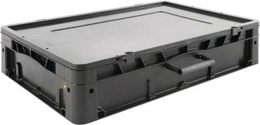 Das Bild zeigt eine rechteckige, schwarze Kunststoffbox mit einer flachen Oberseite. An der Seite befindet sich ein Griff. Die Box hat eine robuste, stabile Bauweise und ist leicht erhaben.
