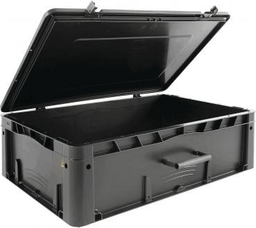 The suitcase is large, rectangular, and made of black plastic. It has a lid that is open upwards, and side handles for carrying. The inside is empty and spacious.