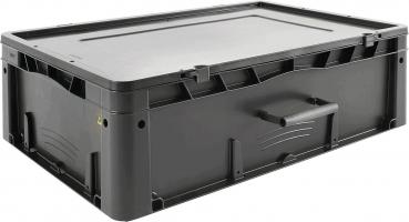 It is a rectangular, black plastic box with a flat, tightly sealing lid. There are handles on the side for carrying. The box appears stable and robust.
