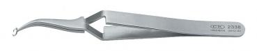 The image displays a silver stainless steel tweezer. It features a curved tip that opens and closes. The surface is smooth and reflective, with a model number embossed.