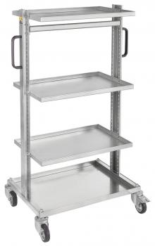 The image displays a silver serving cart with four flat shelves and two handles. It has wheels for easy movement. The cart is made of metal.