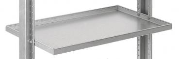 The image displays a single, flat metal shelf. It features a smooth, silver hue and is attached to two vertical rods. The edges are slightly raised.
