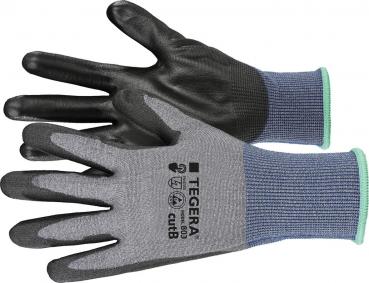 Das Bild zeigt ein Paar Arbeits-Handschuhe. Die Handflächen sind schwarz, die Rückseite ist grau mit blauen und grünen Akzenten. Auf den Handschuhen sind Sicherheits- und Pflege-Symbole abgebildet.