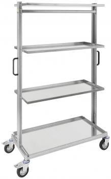 The image shows a silver serving cart with four shelves. It has two handlebars and four wheels for easy movement. The shelves are flat and made of metal.