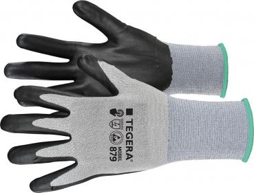 Das Bild zeigt ein Paar Arbeitshandschuhe. Die Handschuhe haben graue Textil-Oberflächen und schwarze Handflächen, mit einem grünen Gummizug am Handgelenk. Sie sind für Schutz und Grip gestaltet.