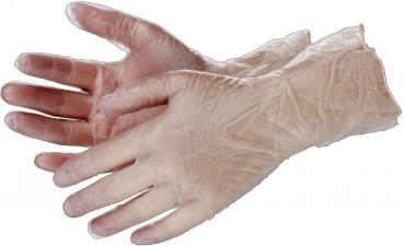 The image shows two hands covered with transparent disposable gloves. The gloves are made of thin material and appear light and flexible.