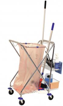 The image shows a cleaning cart with a red trash bag, mop, and bucket. It has four wheels and various holders for cleaning agents and accessories.