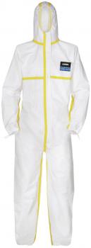 The image shows a white protective suit with yellow seams and a hood. There is a zipper at the front and a black label with inscription attached. The suit covers the entire body.
