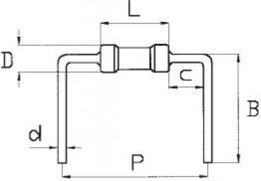 The image shows a technical drawing of a component with various labels for dimensions: L, D, B, P, d, and c. The shape is symmetrical with two outwardly curved ends.