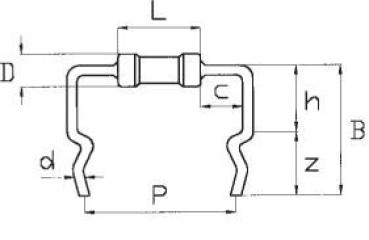 The image shows a technical drawing of a component with various dimensions. It has a U-shaped structure with two lateral bulges that bend downwards, and markings for dimensions such as B, D, L, and h.